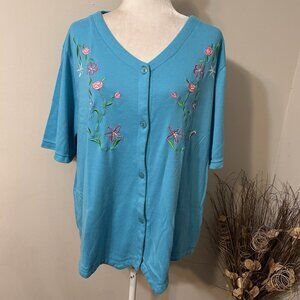 BRIDGE GATE Women Blue Short Sleeve Button Up Top Embroidered Floral VNeck Sz 2X